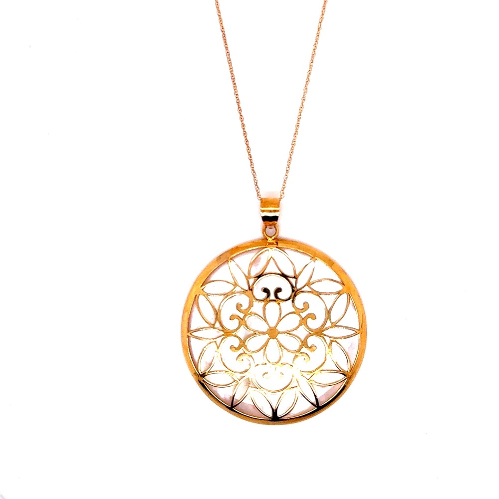 14k Yellow Gold Mother of Pearl Floral Filigree Round Pendant Necklace 18" 7.2g